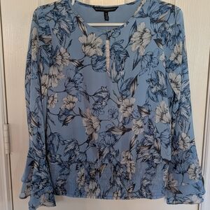 White House Black Market Blue and Black Floral Blouse
